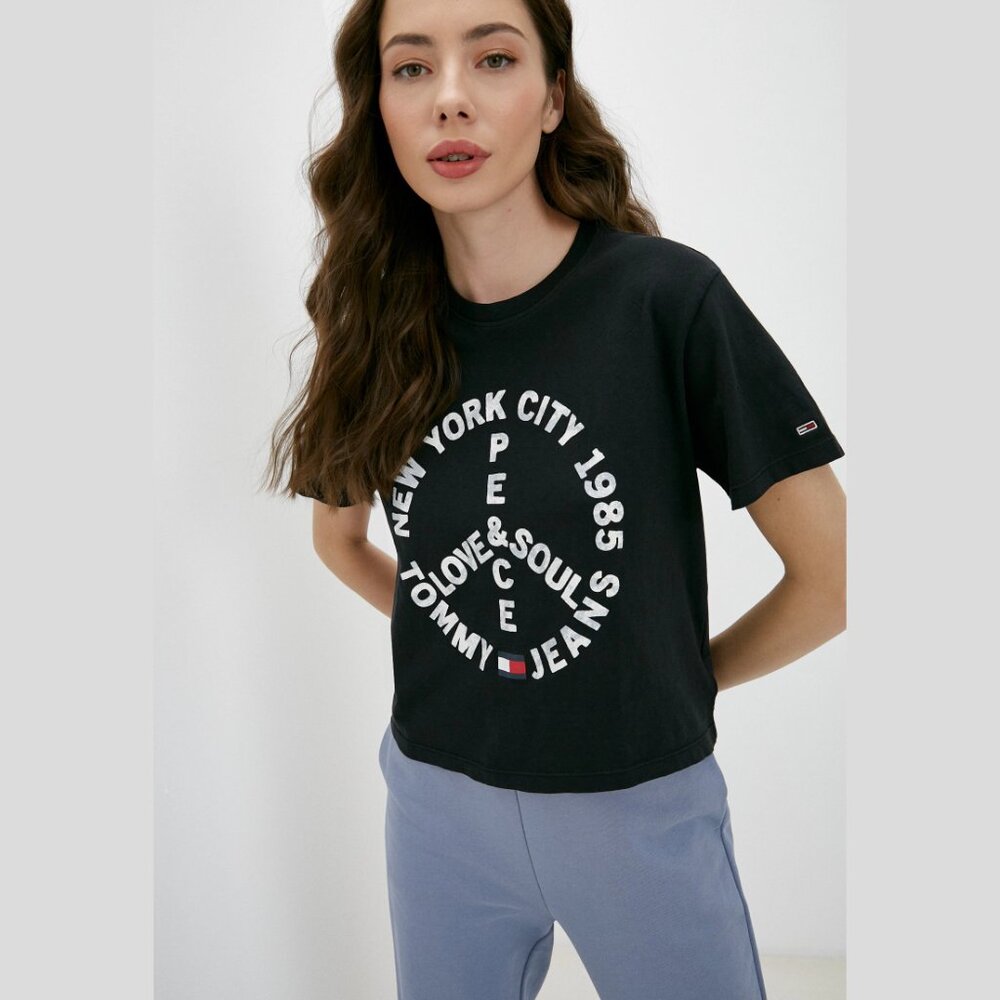 Tommy Hilfiger Black Short-Sleeve Peace Logo Tee with White Graphic